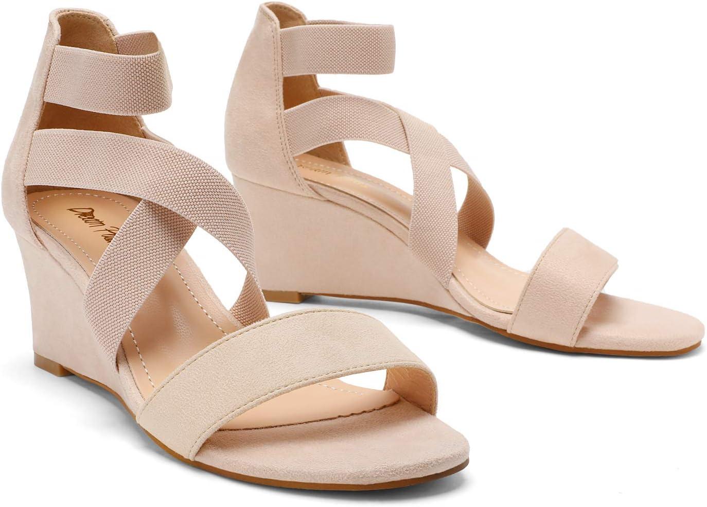 imageDREAM PAIRS Womens Elastic Ankle Strap Low Wedge Sandals Comfortable Dressy Heels for Summer Formal and Special OccasionsNude