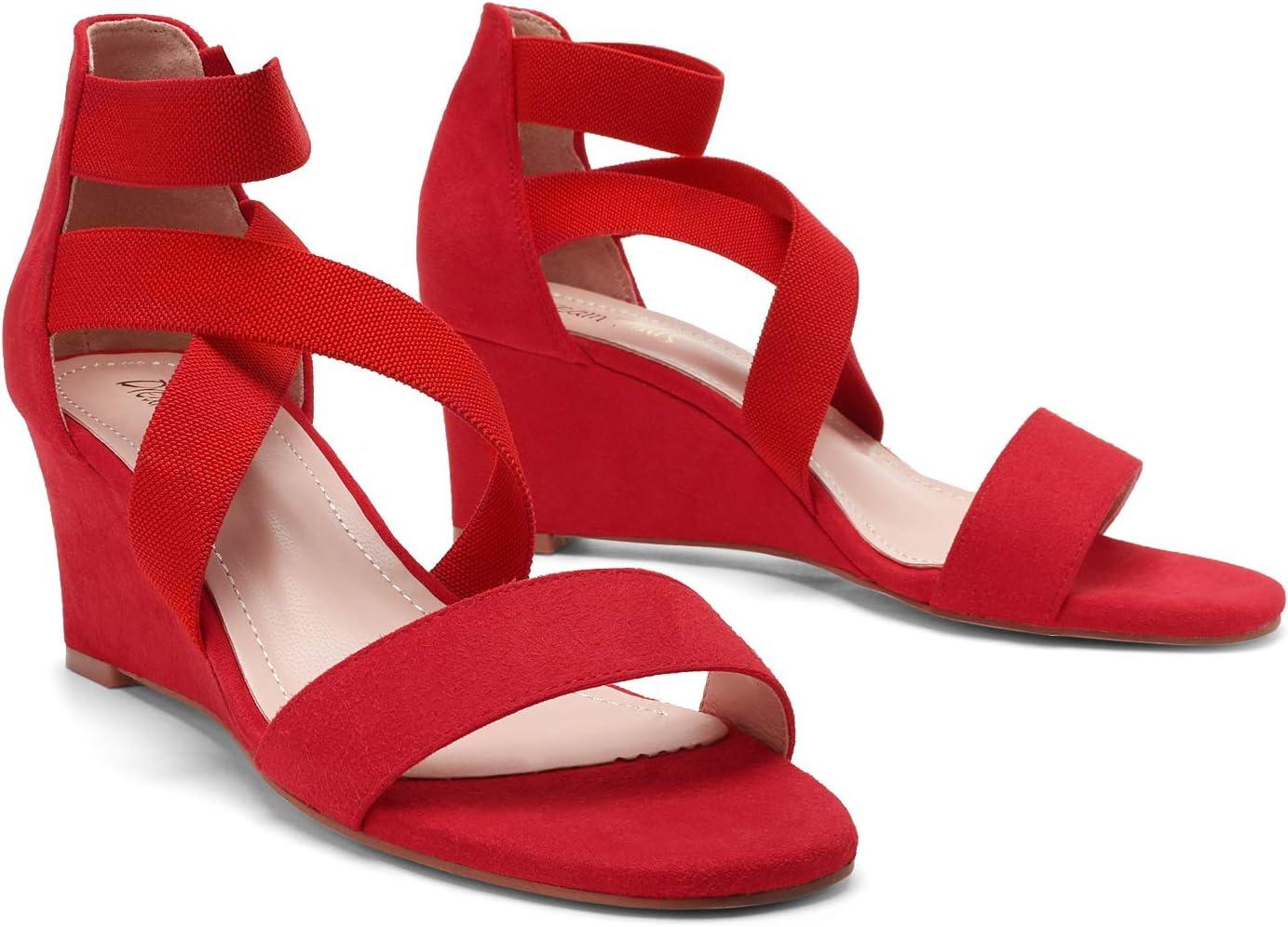 imageDREAM PAIRS Womens Elastic Ankle Strap Low Wedge Sandals Comfortable Dressy Heels for Summer Formal and Special OccasionsRed