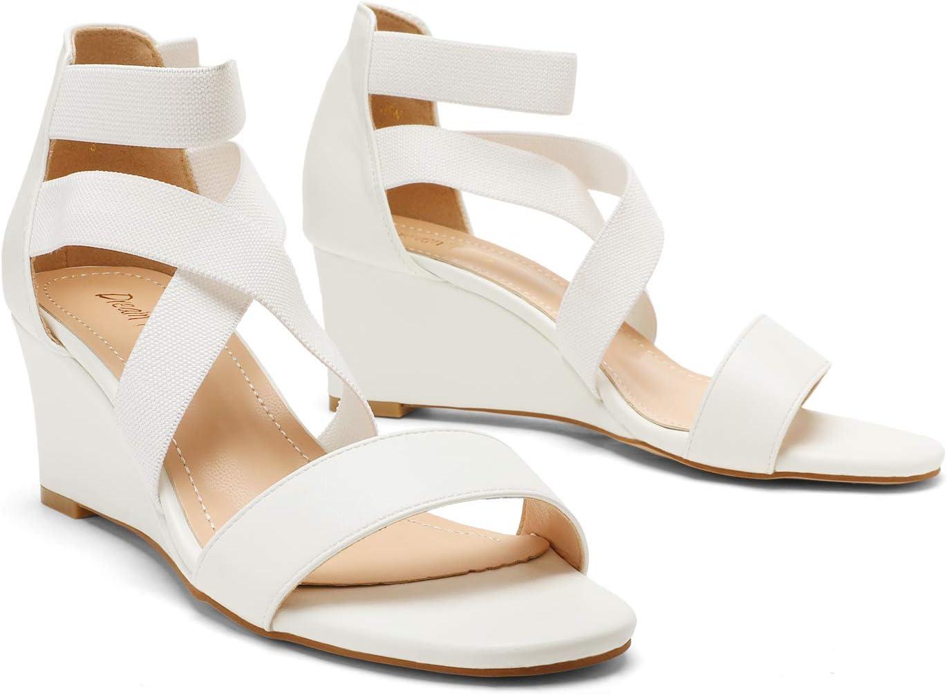 imageDREAM PAIRS Womens Elastic Ankle Strap Low Wedge Sandals Comfortable Dressy Heels for Summer Formal and Special OccasionsWhite
