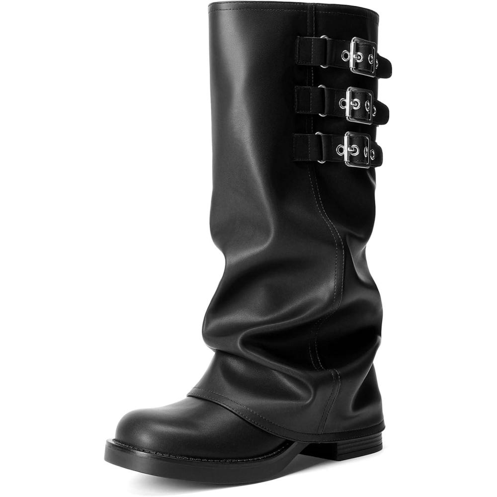imageDREAM PAIRS Foldover Knee High Boots Comfort Low Heel Wide Calf Slouchy Boot Stylish Buckle Long Tall Boots for WomenBlack