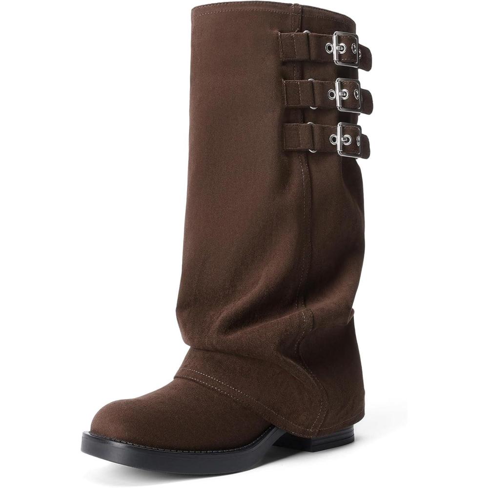 imageDREAM PAIRS Foldover Knee High Boots Comfort Low Heel Wide Calf Slouchy Boot Stylish Buckle Long Tall Boots for WomenDark Brown