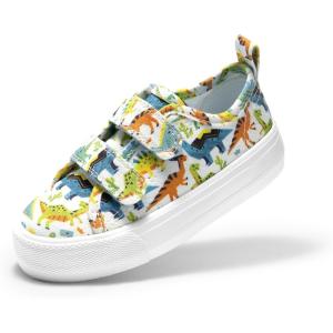 DREAM PAIRS Kids Toddler Sneakers Boys Girls Canvas with Cartoon Dual Hook and Loops for School Walking(Blue/Dinosaur)