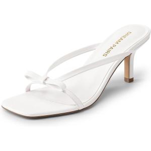 DREAM PAIRS Women’s Bow Heels – Kitten Heel Mule Sandals, Square Toe Strappy Slip On Dress Heels, Elegant Bridal Wedding Party Formal Shoes for Special Occasions(White)