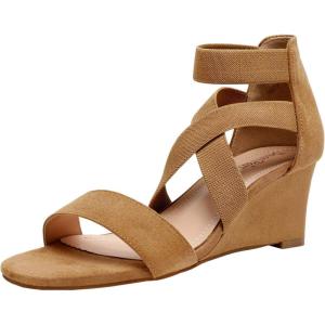 DREAM PAIRS Women’s Elastic Ankle Strap Low Wedge Sandals Comfortable Dressy Heels for Summer Formal and Special Occasions(Camel)
