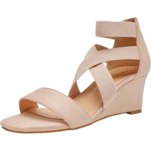 DREAM PAIRS Women’s Elastic Ankle Strap Low Wedge Sandals Comfortable Dressy Heels for Summer Formal and Special Occasions(Nude)
