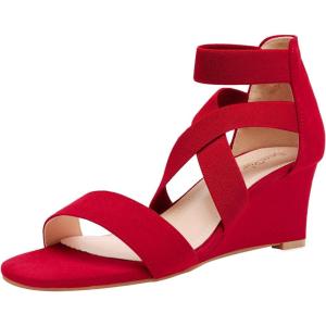 DREAM PAIRS Women’s Elastic Ankle Strap Low Wedge Sandals Comfortable Dressy Heels for Summer Formal and Special Occasions(Red)