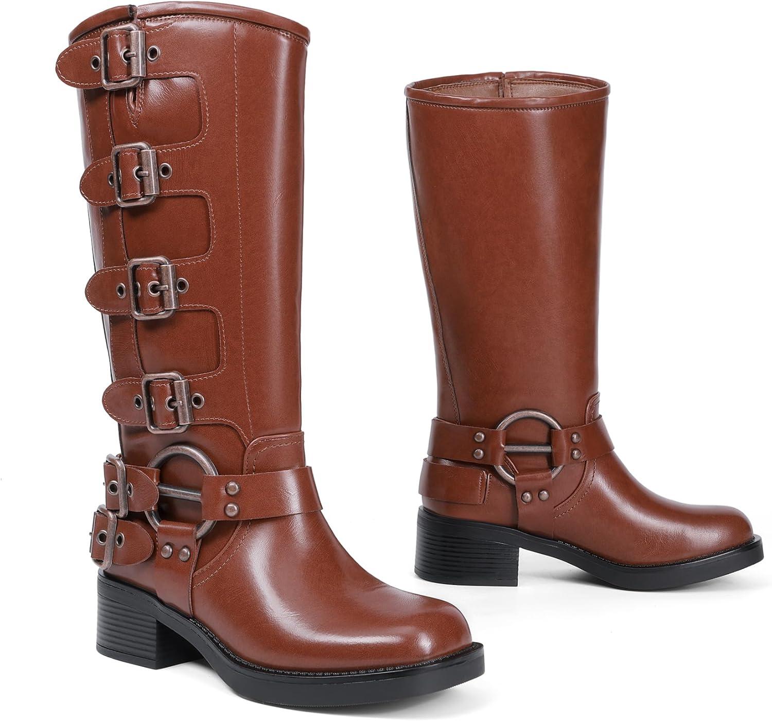 imageDREAM PAIRS Womens Knee High Riding Boots Side Zipper Motorcycle Boots Square Toe Chunky Heel Fashion Buckles Biker BootsBrown