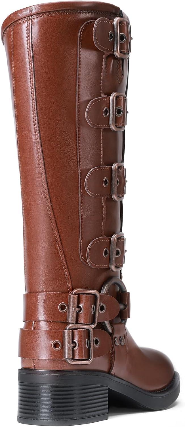imageDREAM PAIRS Womens Knee High Riding Boots Side Zipper Motorcycle Boots Square Toe Chunky Heel Fashion Buckles Biker BootsBrown