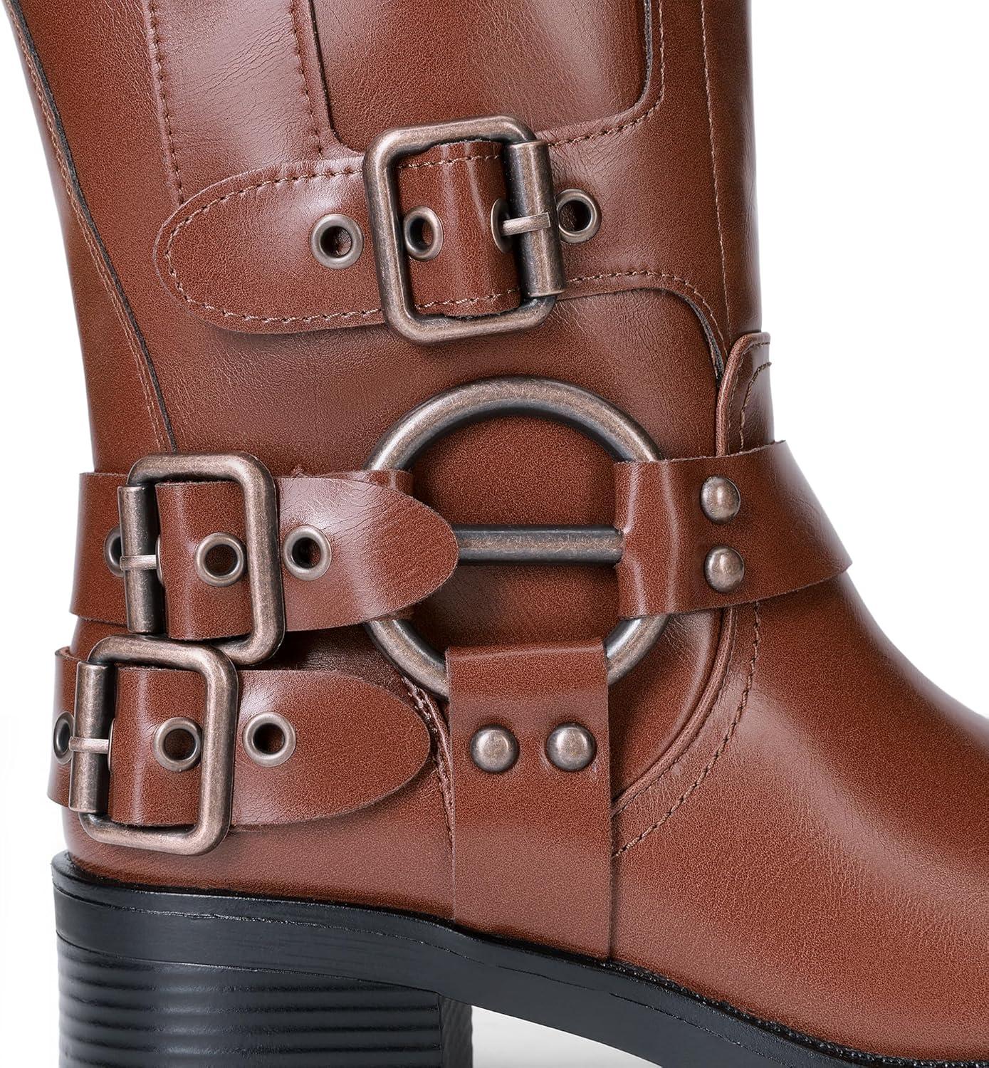 imageDREAM PAIRS Womens Knee High Riding Boots Side Zipper Motorcycle Boots Square Toe Chunky Heel Fashion Buckles Biker BootsBrown