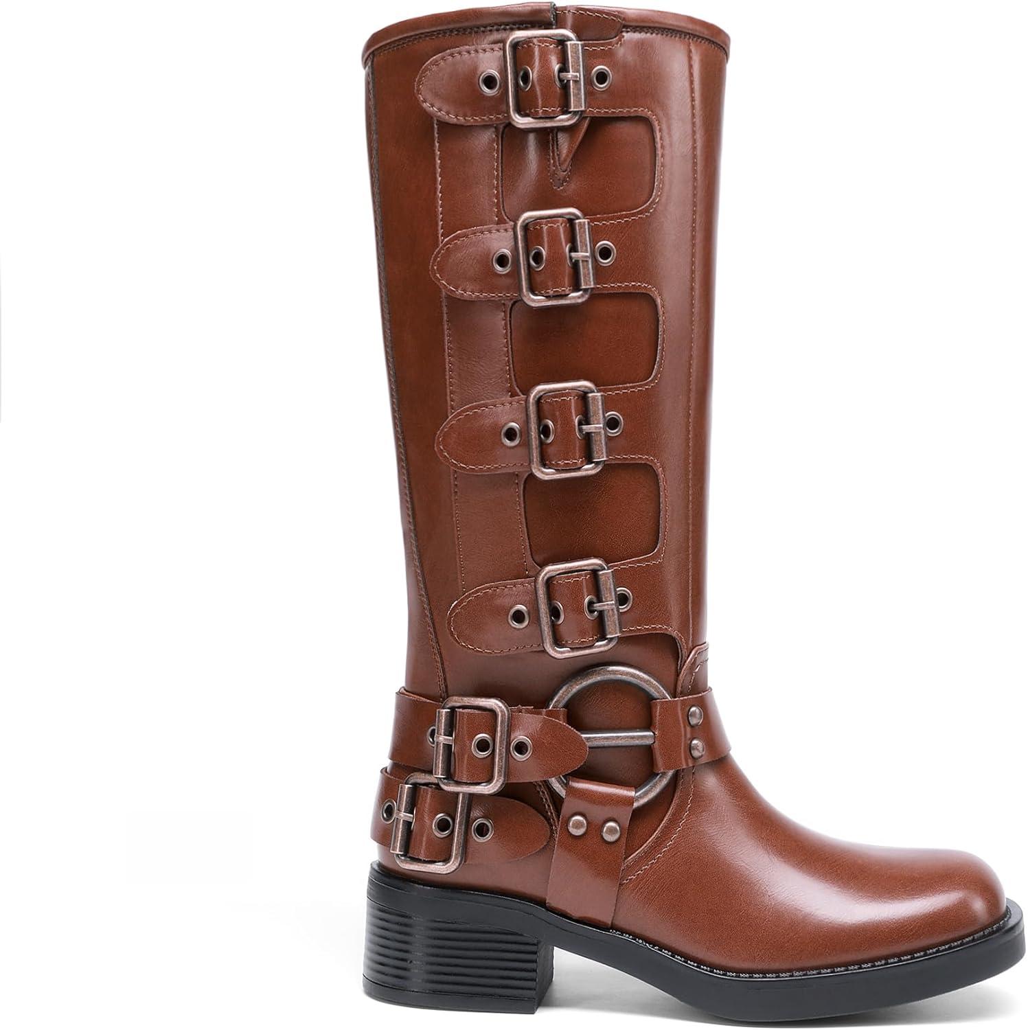 imageDREAM PAIRS Womens Knee High Riding Boots Side Zipper Motorcycle Boots Square Toe Chunky Heel Fashion Buckles Biker BootsBrown