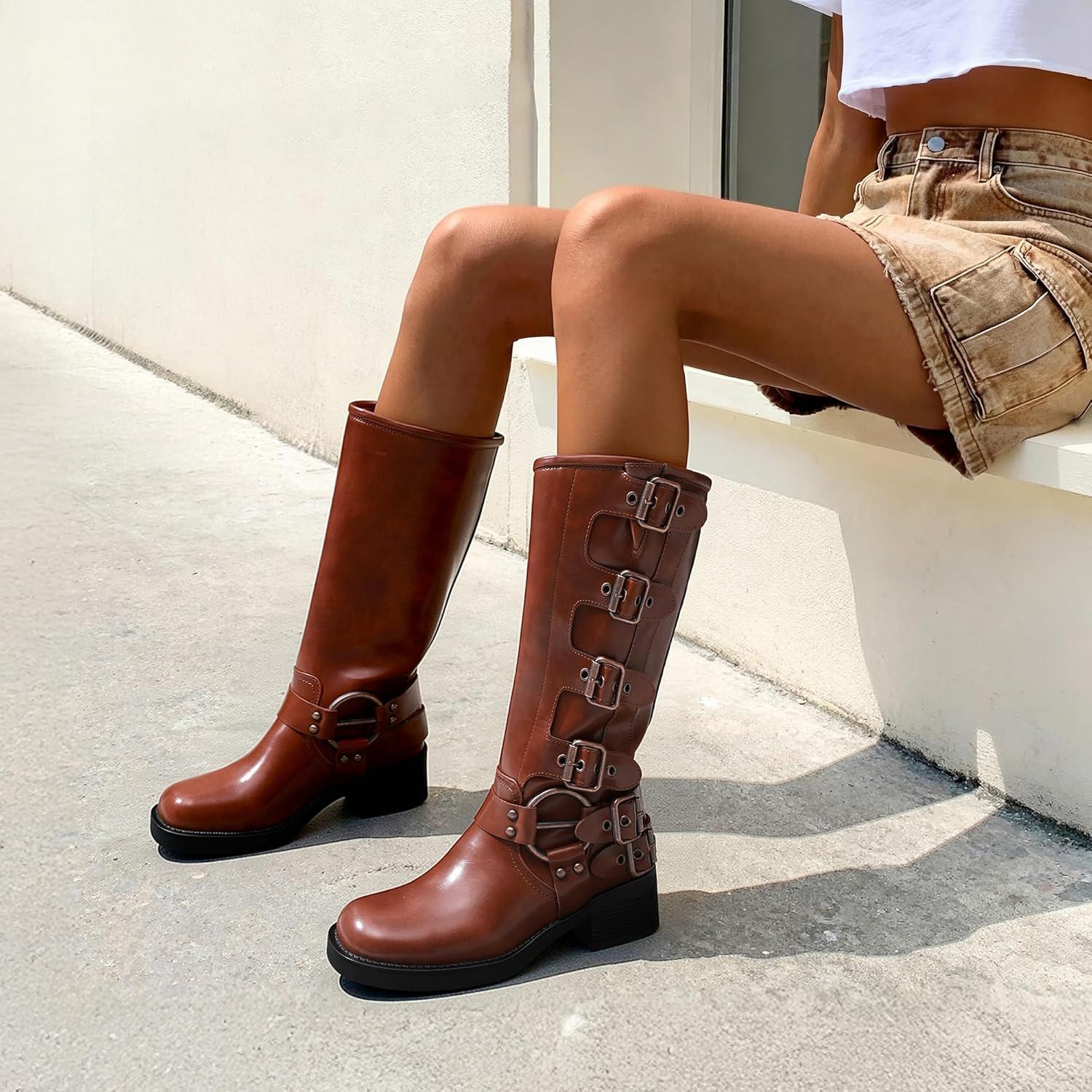 imageDREAM PAIRS Womens Knee High Riding Boots Side Zipper Motorcycle Boots Square Toe Chunky Heel Fashion Buckles Biker BootsBrown