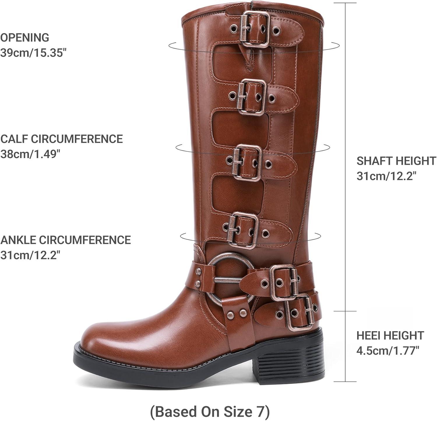 imageDREAM PAIRS Womens Knee High Riding Boots Side Zipper Motorcycle Boots Square Toe Chunky Heel Fashion Buckles Biker BootsBrown