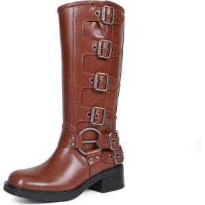 DREAM PAIRS Women’s Knee High Riding Boots Side Zipper Motorcycle Boots Square Toe Chunky Heel Fashion Buckles Biker Boots(Brown)