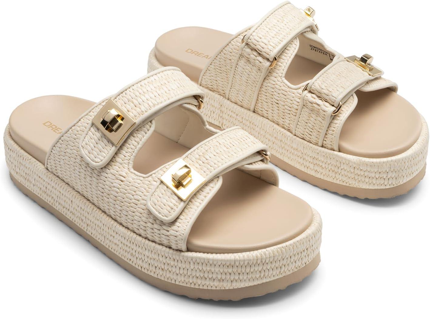 imageDREAM PAIRS Platform Sandals Women Raffia Espadrilles Summer Comfortable Wedge Sandals Beach Vacation Adjustable Buckle Cute Slide SandalsBeige
