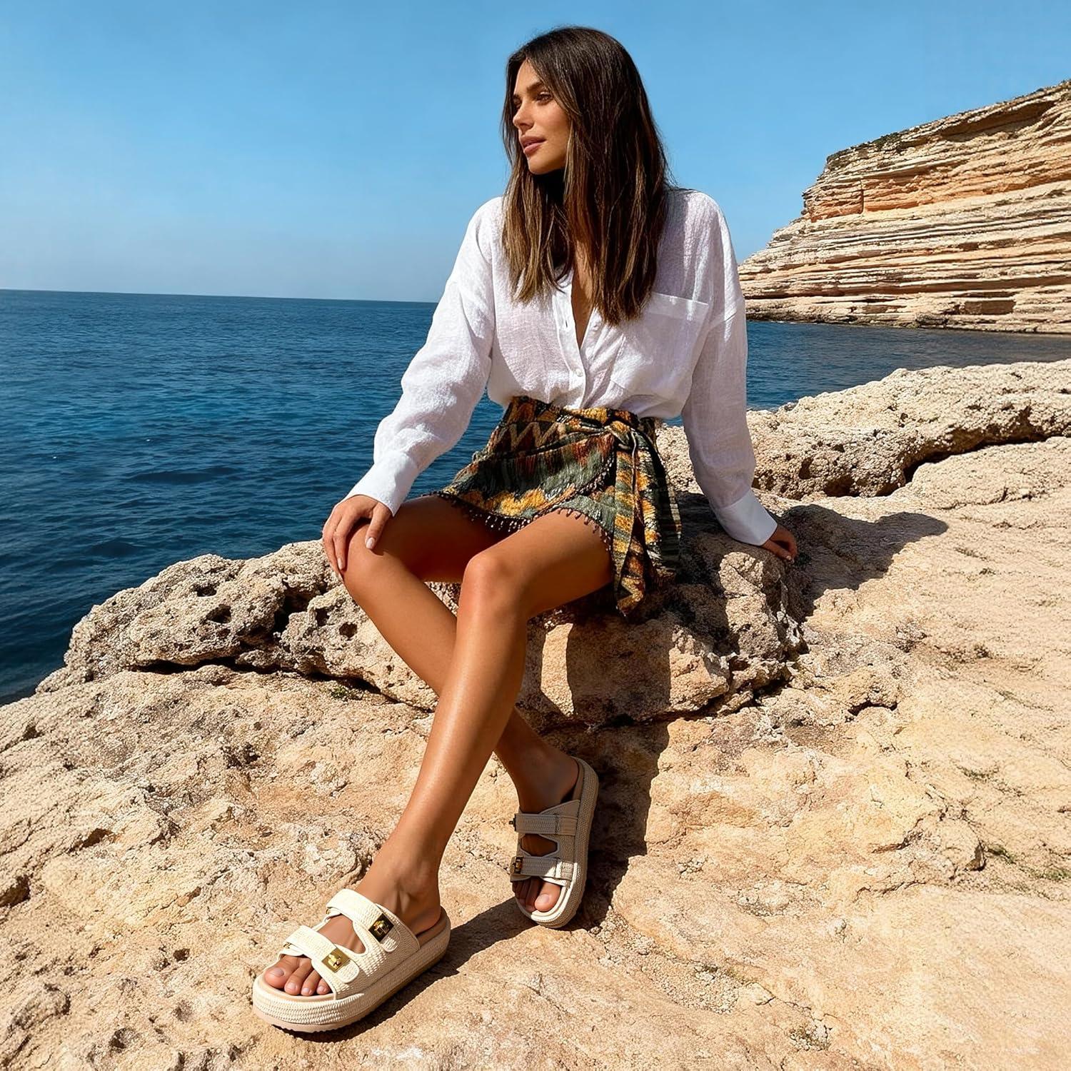 imageDREAM PAIRS Platform Sandals Women Raffia Espadrilles Summer Comfortable Wedge Sandals Beach Vacation Adjustable Buckle Cute Slide SandalsBeige