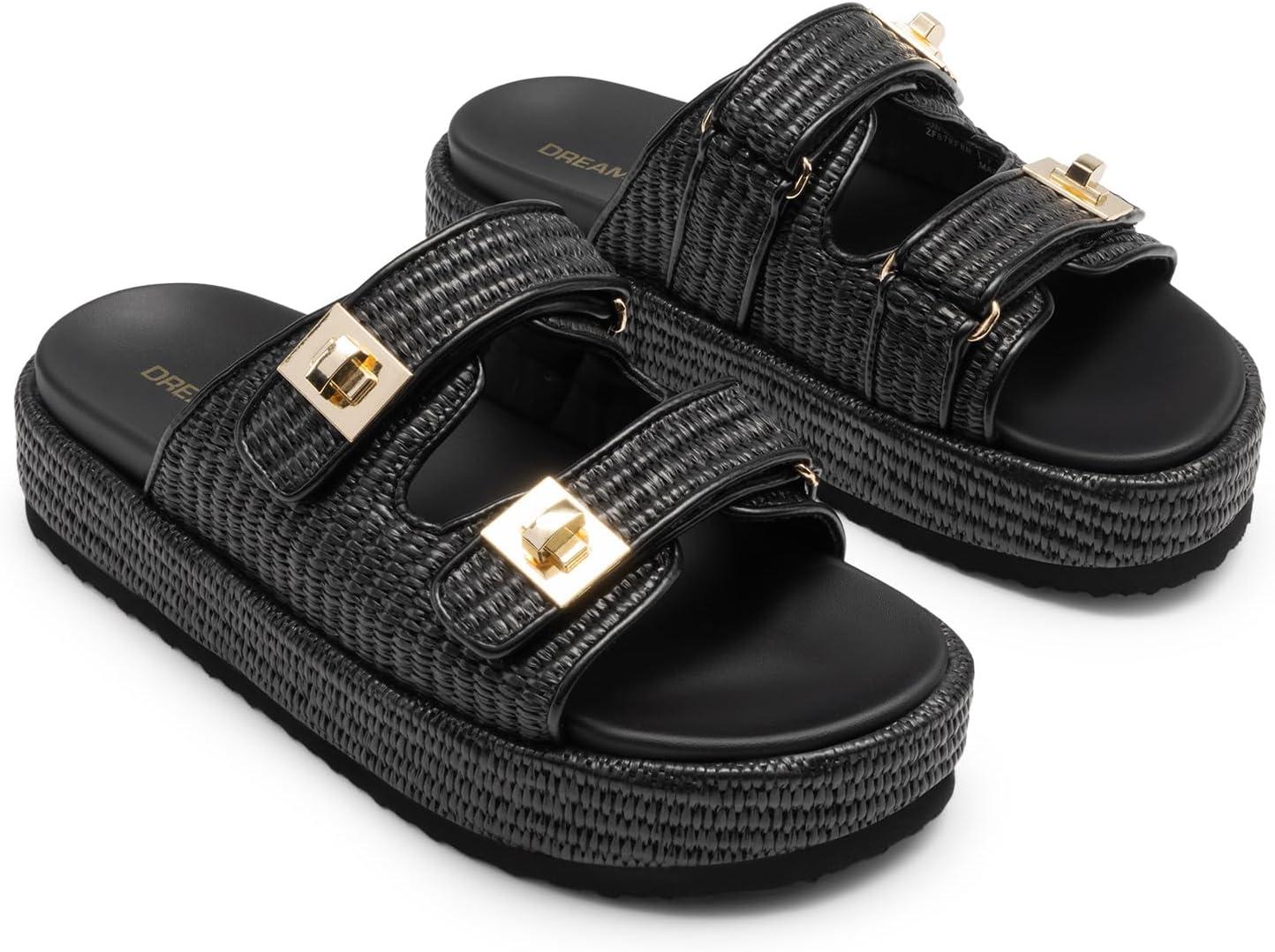 imageDREAM PAIRS Platform Sandals Women Raffia Espadrilles Summer Comfortable Wedge Sandals Beach Vacation Adjustable Buckle Cute Slide SandalsBlack