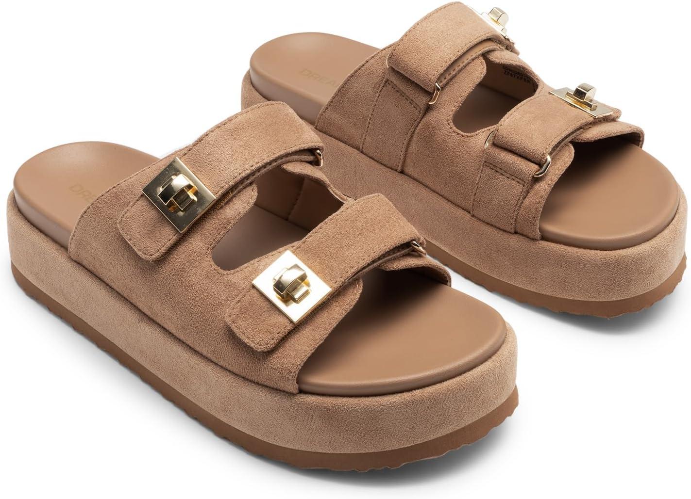 imageDREAM PAIRS Platform Sandals Women Raffia Espadrilles Summer Comfortable Wedge Sandals Beach Vacation Adjustable Buckle Cute Slide SandalsBrown