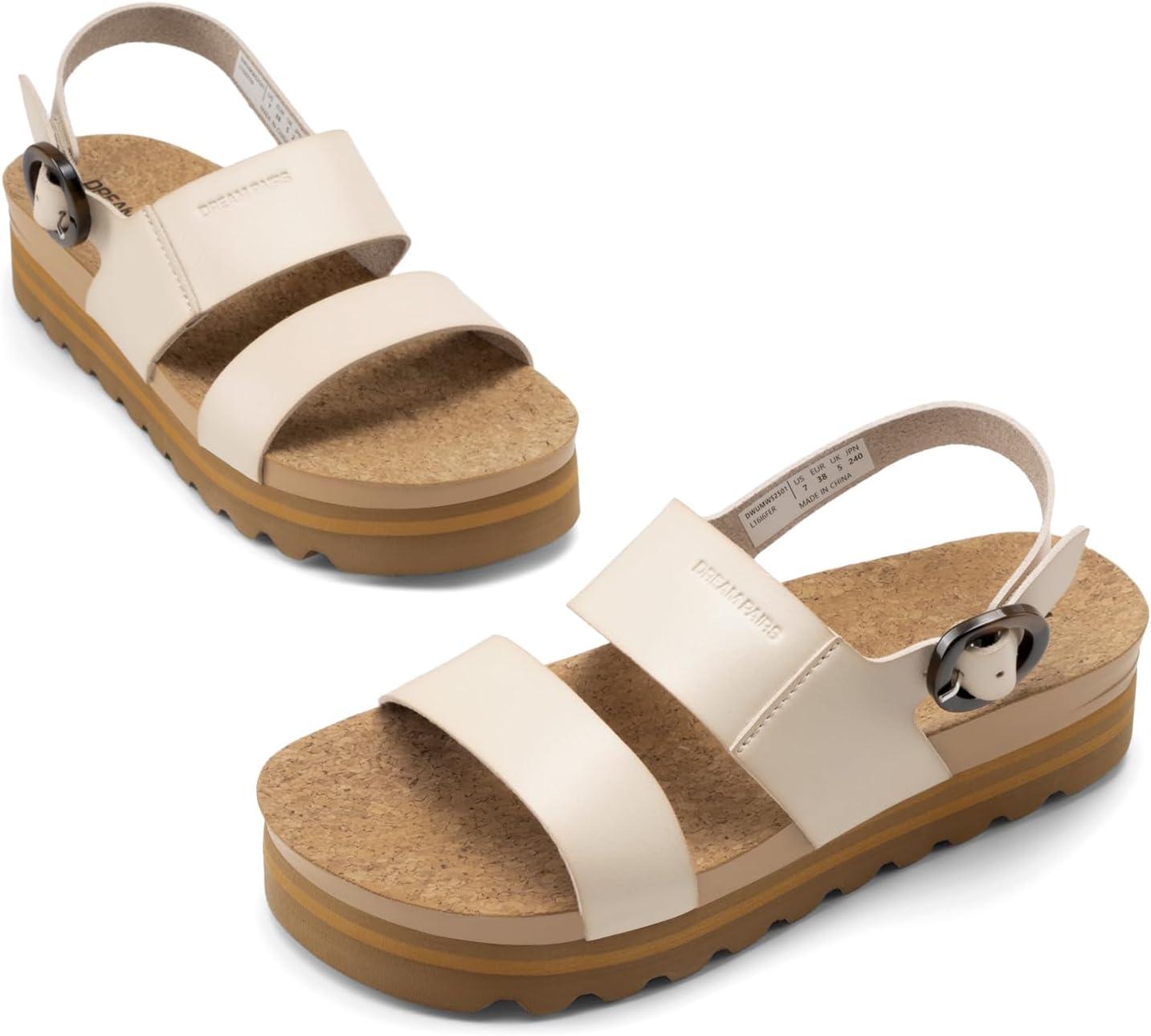 imageDREAM PAIRS Womens Orthopedic Arch Support Platform Sandals Comfortable Cork Insole Low Wedges Sandals Flatform Summer Dress Shoes Cute Buckle Wedges for BeachBeige