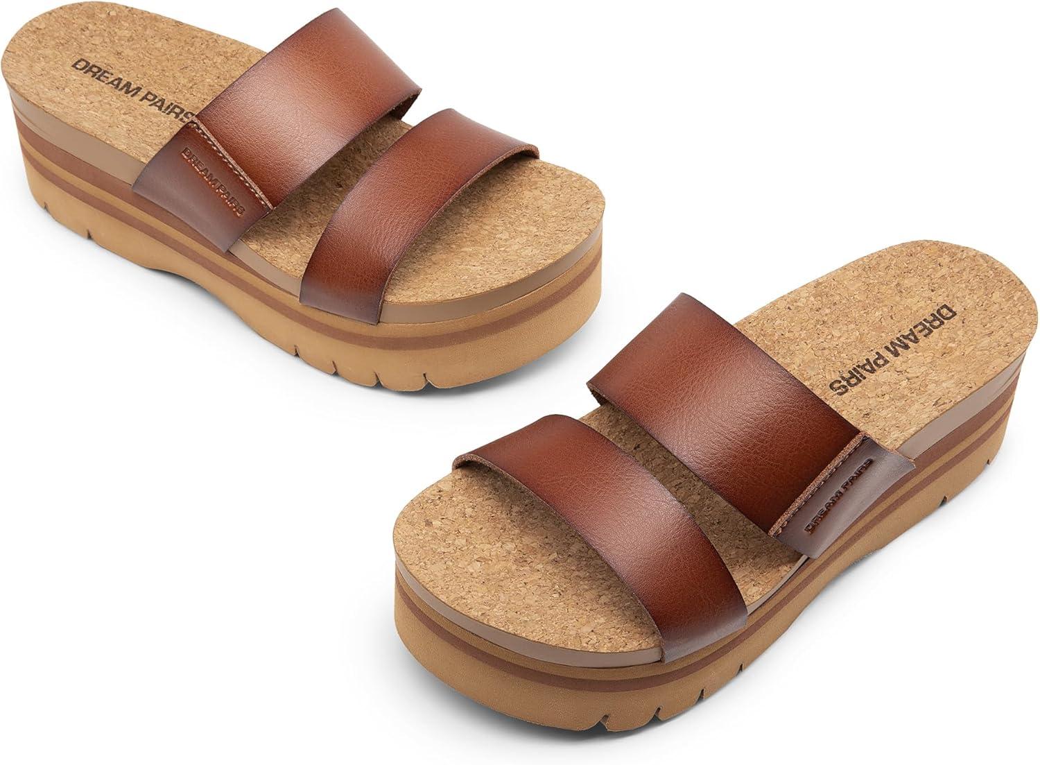 imageDREAM PAIRS Womens Platform Slides Sandals Comfortable Arch Support Two Strap Slip On Fashion Beach Wedge SandalsBrown