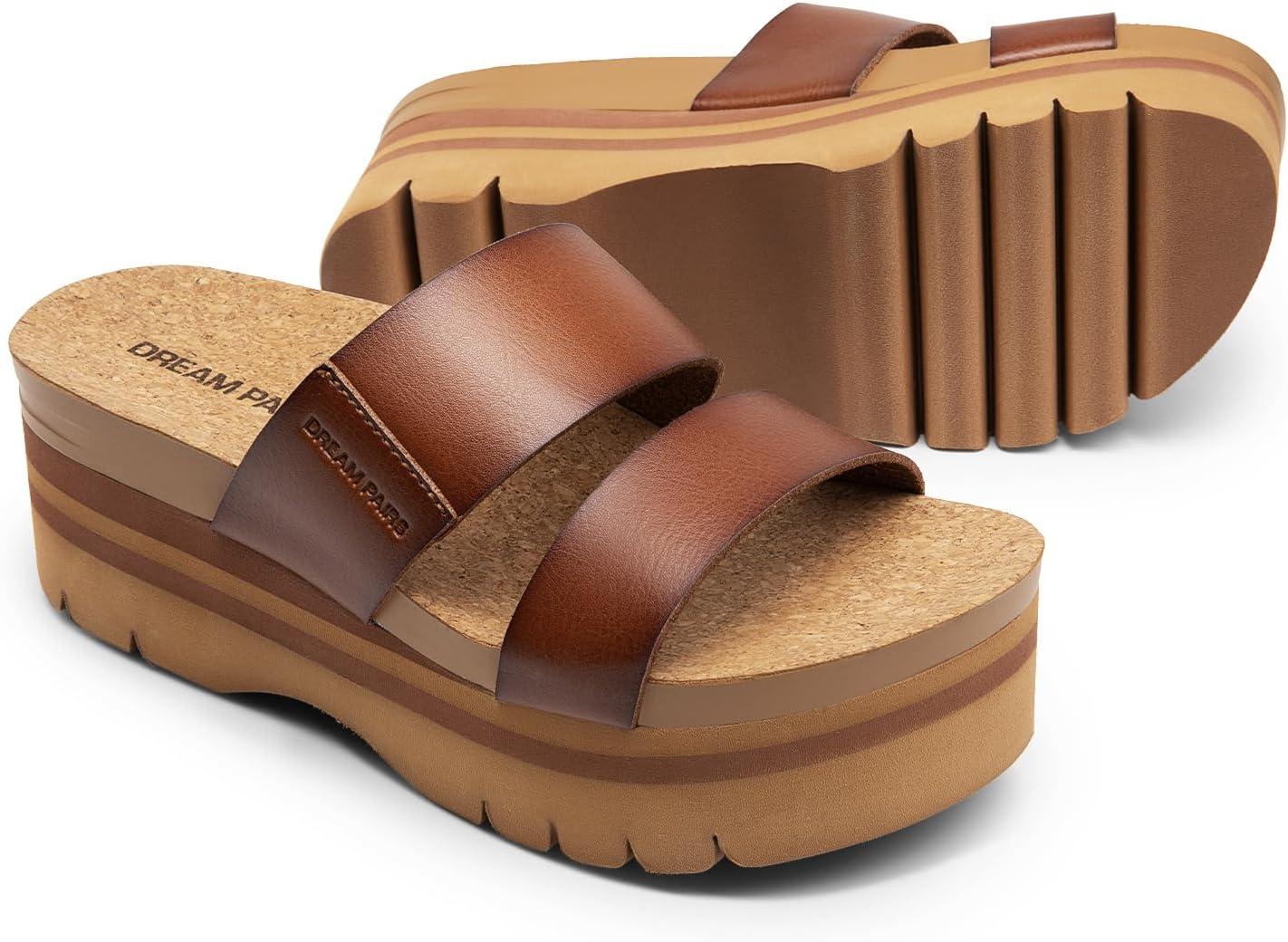 imageDREAM PAIRS Womens Platform Slides Sandals Comfortable Arch Support Two Strap Slip On Fashion Beach Wedge SandalsBrown