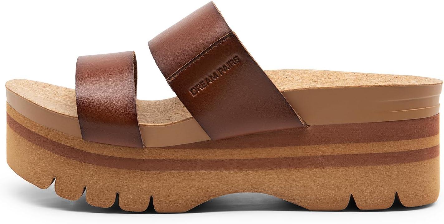 imageDREAM PAIRS Womens Platform Slides Sandals Comfortable Arch Support Two Strap Slip On Fashion Beach Wedge SandalsBrown