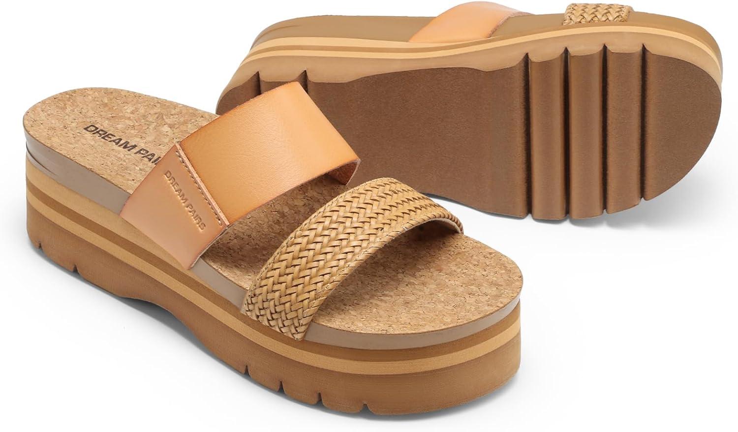 imageDREAM PAIRS Womens Platform Slides Sandals Comfortable Arch Support Two Strap Slip On Fashion Beach Wedge SandalsTan