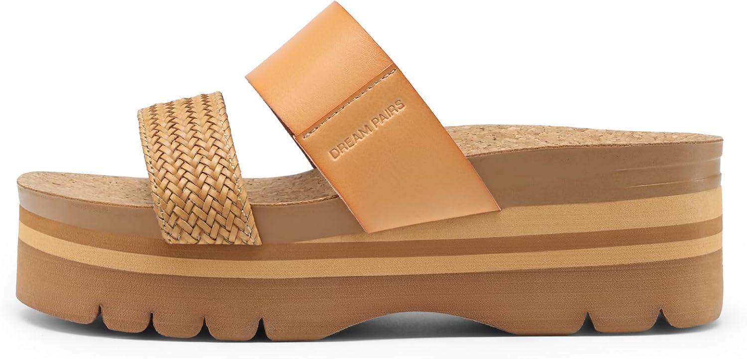 imageDREAM PAIRS Womens Platform Slides Sandals Comfortable Arch Support Two Strap Slip On Fashion Beach Wedge SandalsTan