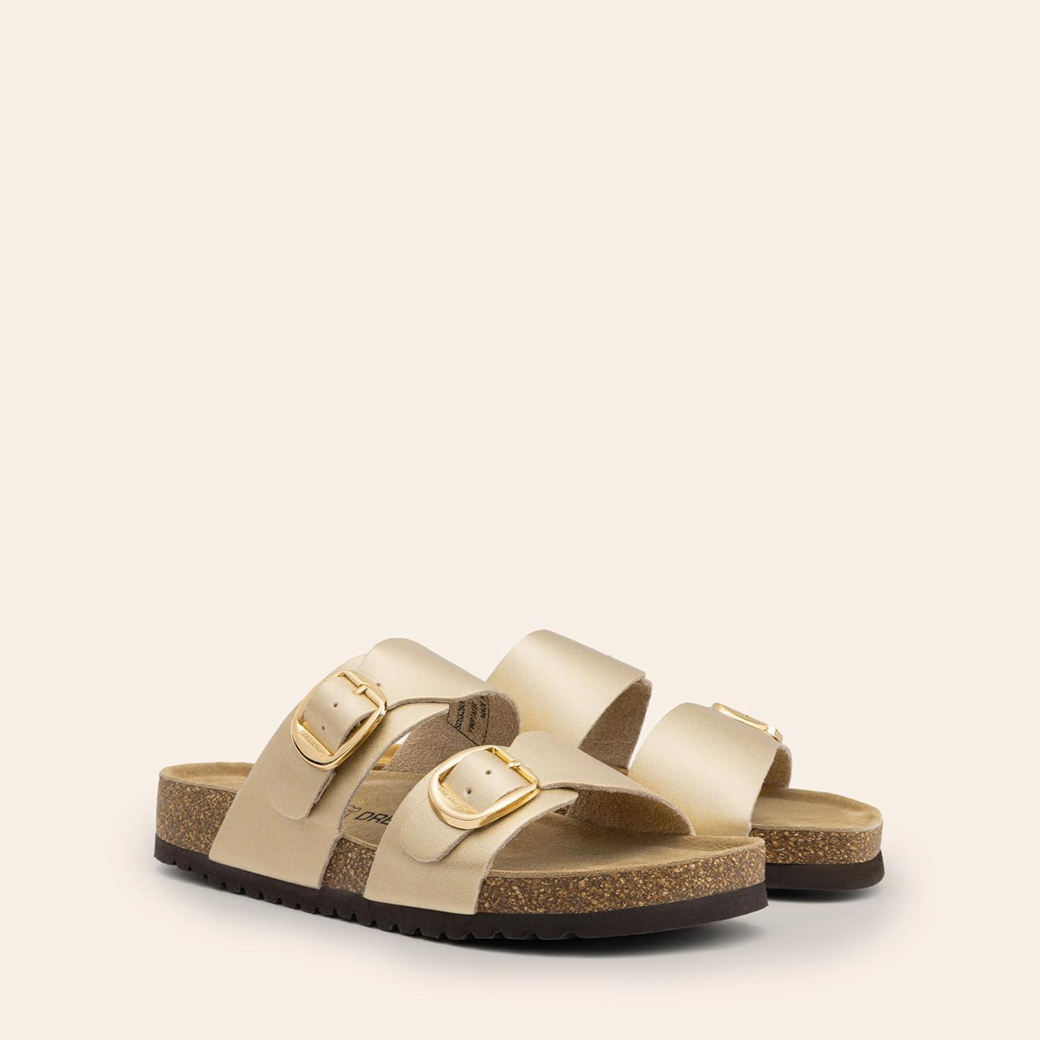 imageDREAM PAIRS Womens Slides Soft Genuine Footbed Sandals Comfortable Adjustable Double Buckle Slipon Flat Sandals with Arch Support Frame Dual Slippers for Summer 2026Gold