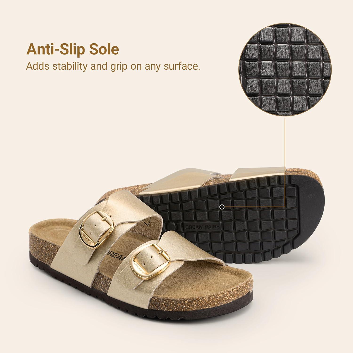 imageDREAM PAIRS Womens Slides Soft Genuine Footbed Sandals Comfortable Adjustable Double Buckle Slipon Flat Sandals with Arch Support Frame Dual Slippers for Summer 2026Gold