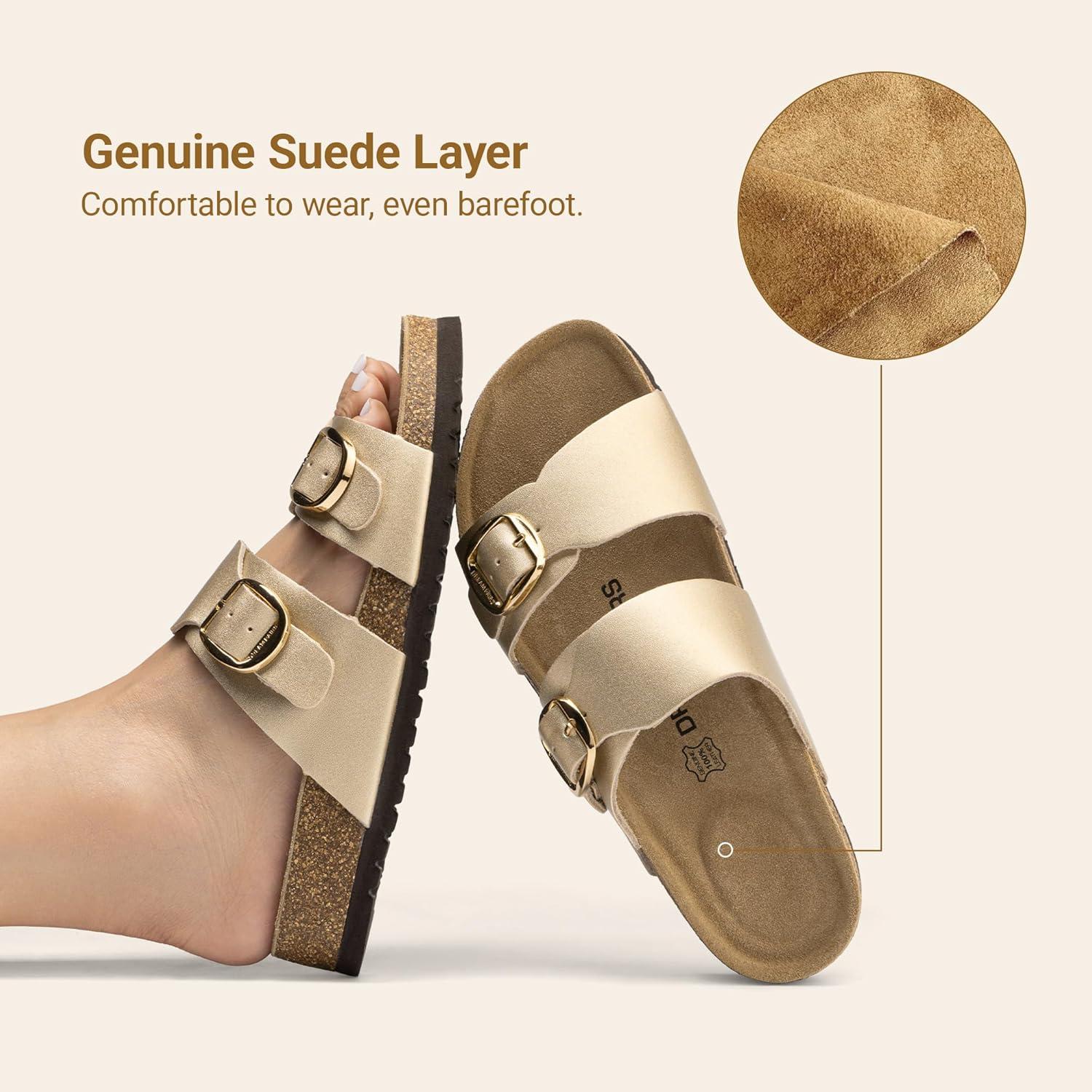 imageDREAM PAIRS Womens Slides Soft Genuine Footbed Sandals Comfortable Adjustable Double Buckle Slipon Flat Sandals with Arch Support Frame Dual Slippers for Summer 2026Gold