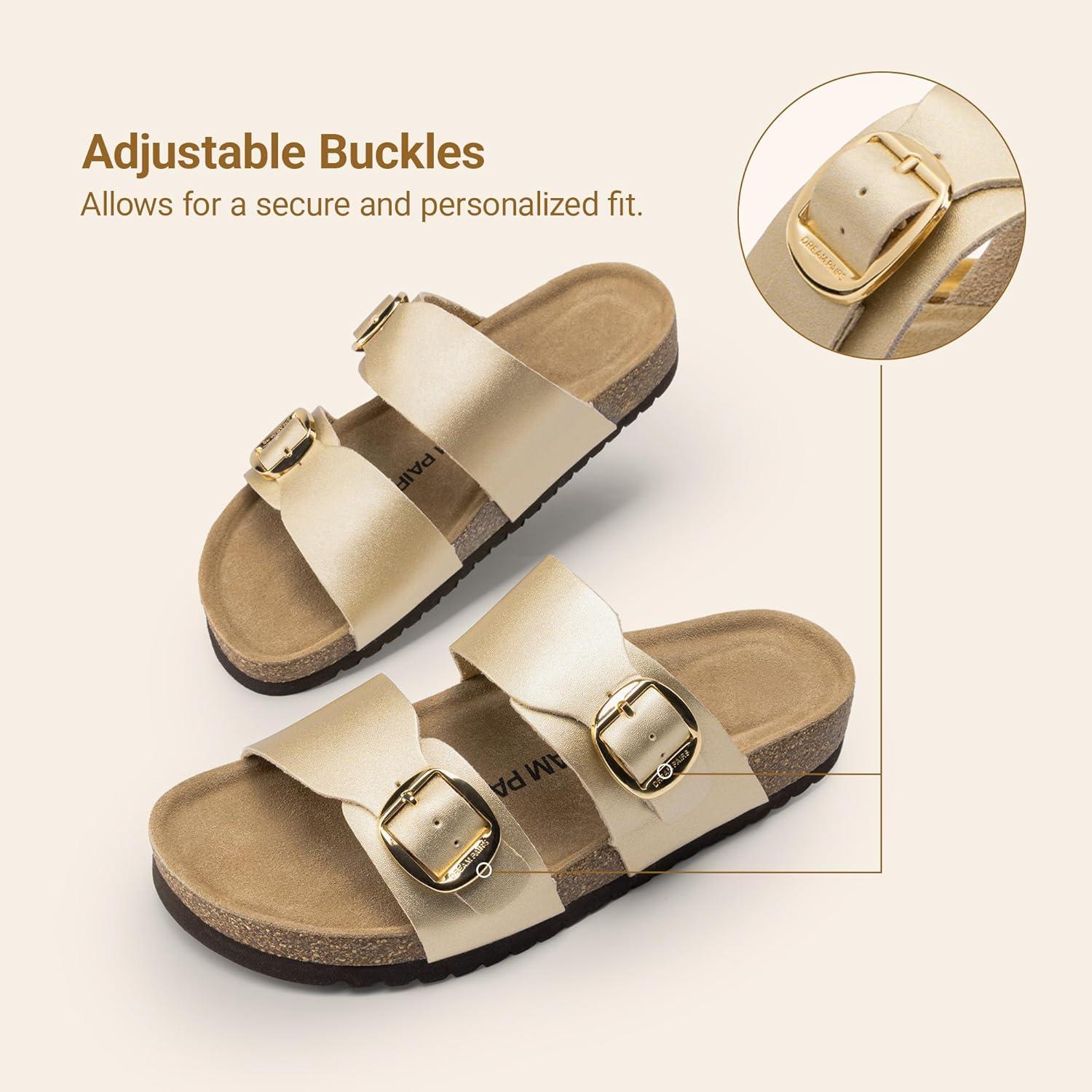 imageDREAM PAIRS Womens Slides Soft Genuine Footbed Sandals Comfortable Adjustable Double Buckle Slipon Flat Sandals with Arch Support Frame Dual Slippers for Summer 2026Gold