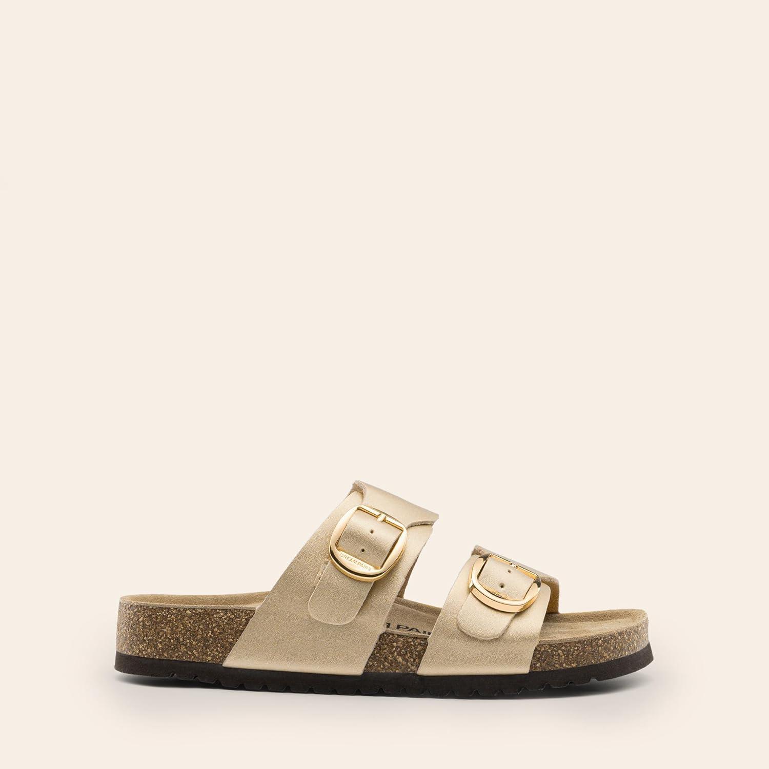 imageDREAM PAIRS Womens Slides Soft Genuine Footbed Sandals Comfortable Adjustable Double Buckle Slipon Flat Sandals with Arch Support Frame Dual Slippers for Summer 2026Gold