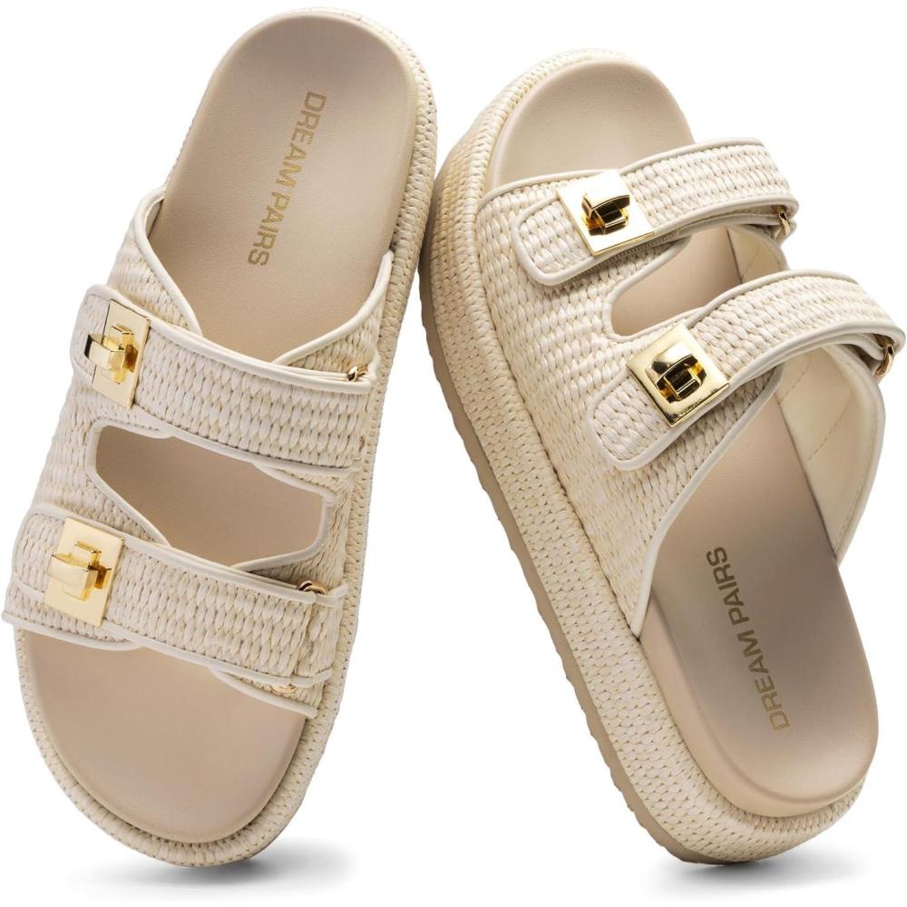 imageDREAM PAIRS Platform Sandals Women Raffia Espadrilles Summer Comfortable Wedge Sandals Beach Vacation Adjustable Buckle Cute Slide SandalsBeige
