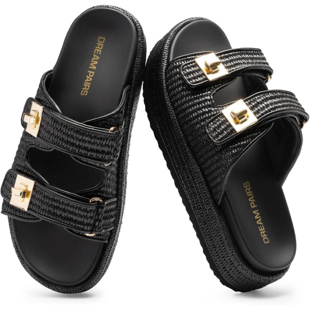 imageDREAM PAIRS Platform Sandals Women Raffia Espadrilles Summer Comfortable Wedge Sandals Beach Vacation Adjustable Buckle Cute Slide SandalsBlack