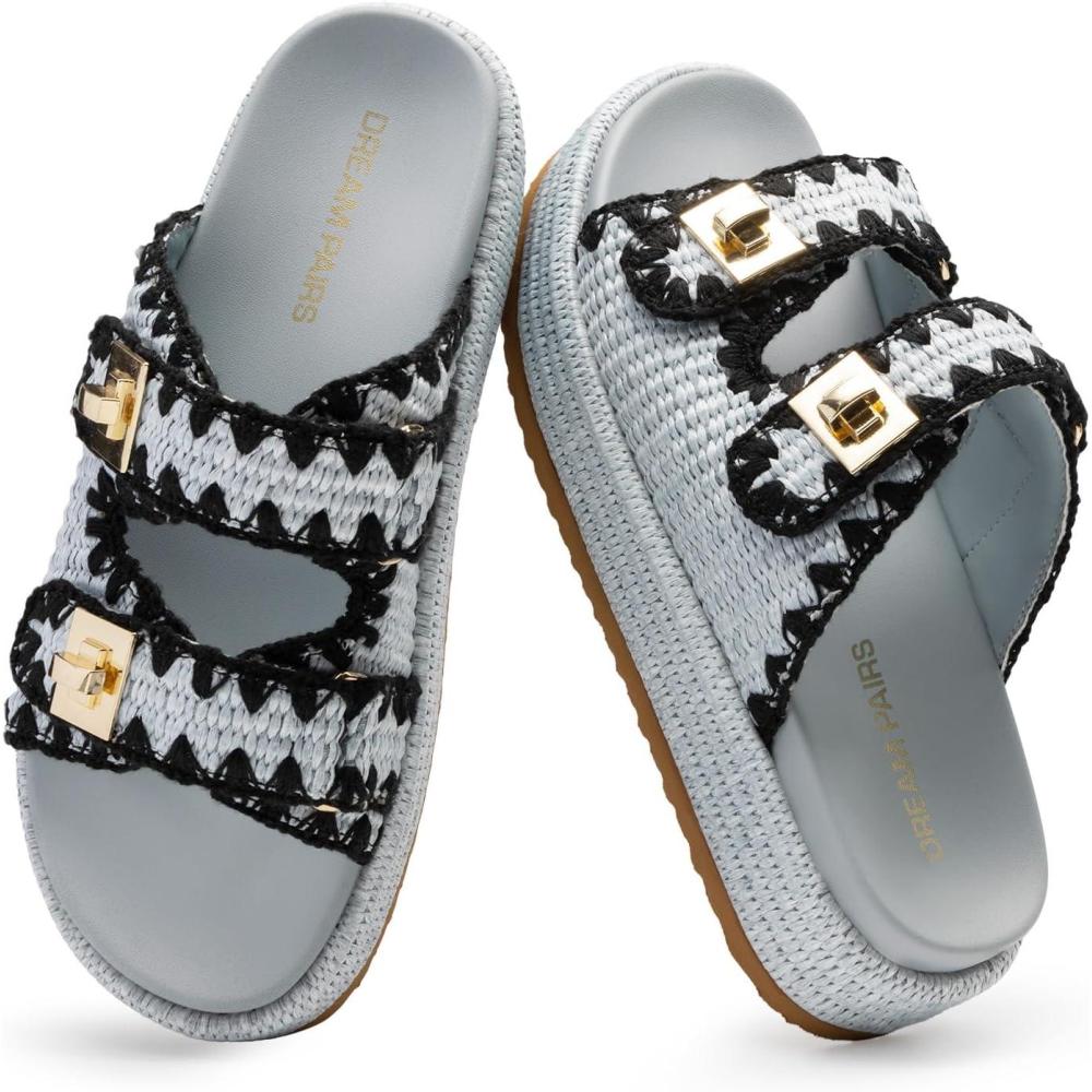 imageDREAM PAIRS Platform Sandals Women Raffia Espadrilles Summer Comfortable Wedge Sandals Beach Vacation Adjustable Buckle Cute Slide SandalsBlue
