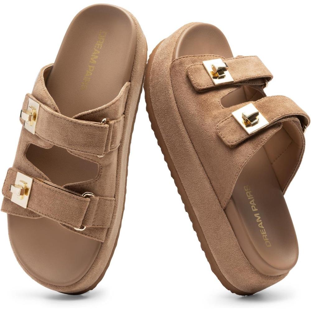 imageDREAM PAIRS Platform Sandals Women Raffia Espadrilles Summer Comfortable Wedge Sandals Beach Vacation Adjustable Buckle Cute Slide SandalsBrown