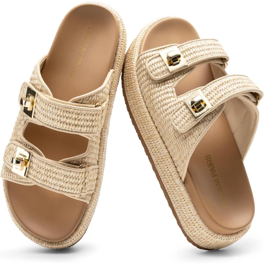 imageDREAM PAIRS Platform Sandals Women Raffia Espadrilles Summer Comfortable Wedge Sandals Beach Vacation Adjustable Buckle Cute Slide SandalsNatural