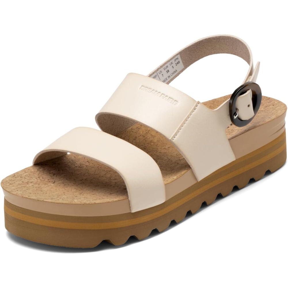 imageDREAM PAIRS Womens Orthopedic Arch Support Platform Sandals Comfortable Cork Insole Low Wedges Sandals Flatform Summer Dress Shoes Cute Buckle Wedges for BeachBeige