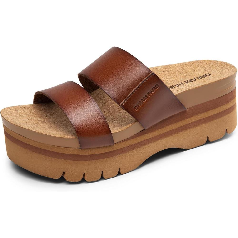 imageDREAM PAIRS Womens Platform Slides Sandals Comfortable Arch Support Two Strap Slip On Fashion Beach Wedge SandalsBrown