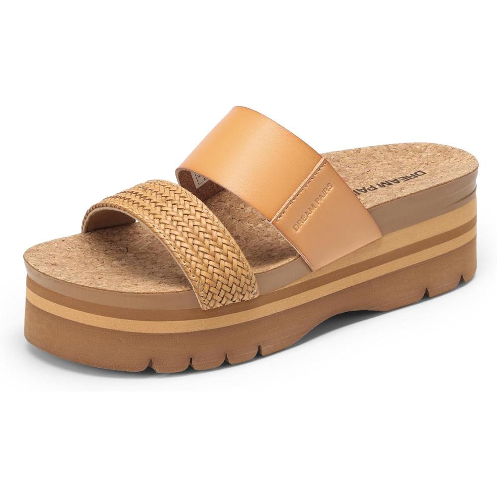 imageDREAM PAIRS Womens Platform Slides Sandals Comfortable Arch Support Two Strap Slip On Fashion Beach Wedge SandalsTan