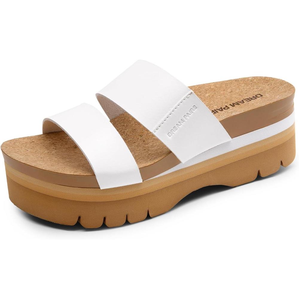 imageDREAM PAIRS Womens Platform Slides Sandals Comfortable Arch Support Two Strap Slip On Fashion Beach Wedge SandalsWhite