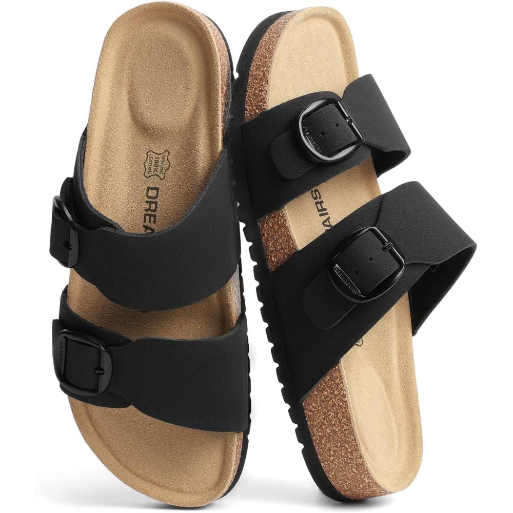 imageDREAM PAIRS Womens Slides Soft Genuine Footbed Sandals Comfortable Adjustable Double Buckle Slipon Flat Sandals with Arch Support Frame Dual Slippers for Summer 2026Black