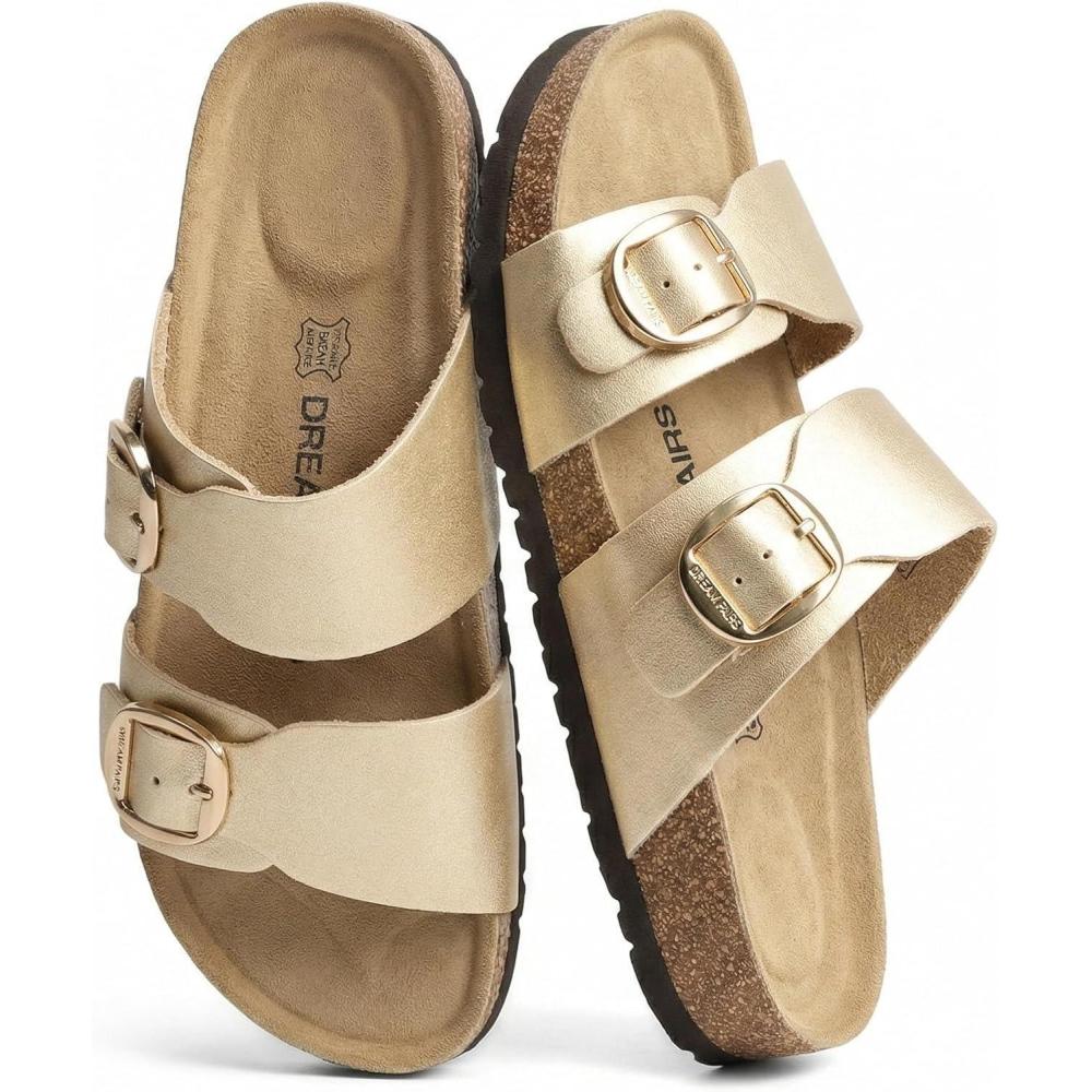imageDREAM PAIRS Womens Slides Soft Genuine Footbed Sandals Comfortable Adjustable Double Buckle Slipon Flat Sandals with Arch Support Frame Dual Slippers for Summer 2026Gold