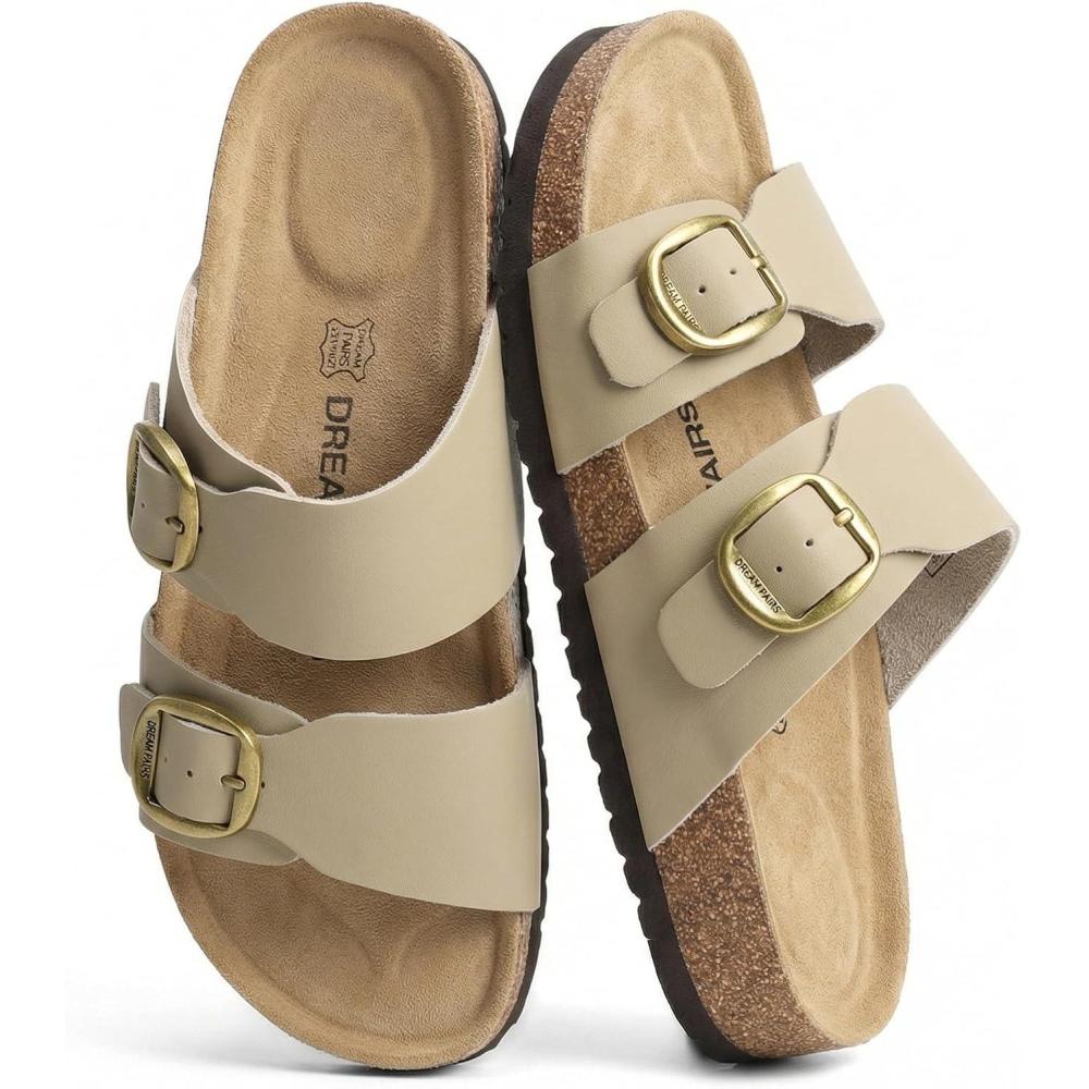 imageDREAM PAIRS Womens Slides Soft Genuine Footbed Sandals Comfortable Adjustable Double Buckle Slipon Flat Sandals with Arch Support Frame Dual Slippers for Summer 2026Taupe