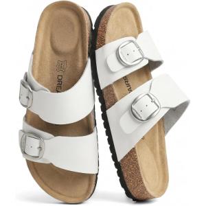 DREAM PAIRS Women’s Slides Soft Genuine Footbed Sandals Comfortable Adjustable Double Buckle Slip-on Flat Sandals with Arch Support Frame Dual Slippers for Summer 2026(White)