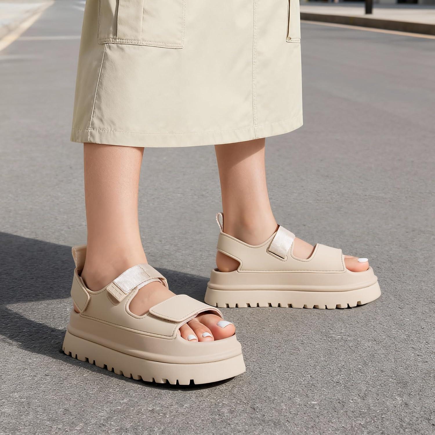 imageDREAM PAIRS Platform Sandals for Women Chunky Open Toe Dress Walking Comfortable Flat Sandals for SummerNude