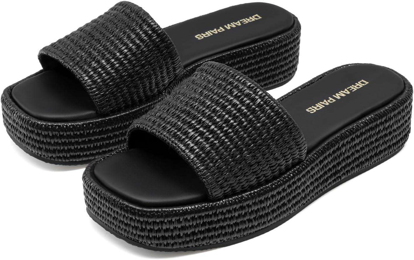 imageDREAM PAIRS Women Platform Slides Sandals Espadrilles Slip On Low Wedge Summer Open Toe Bohemia Dressy Beach Vacation ShoesBlack