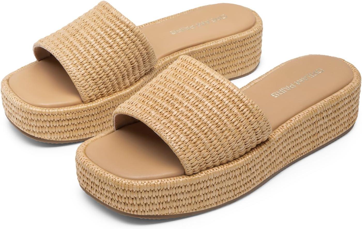imageDREAM PAIRS Women Platform Slides Sandals Espadrilles Slip On Low Wedge Summer Open Toe Bohemia Dressy Beach Vacation ShoesBrown