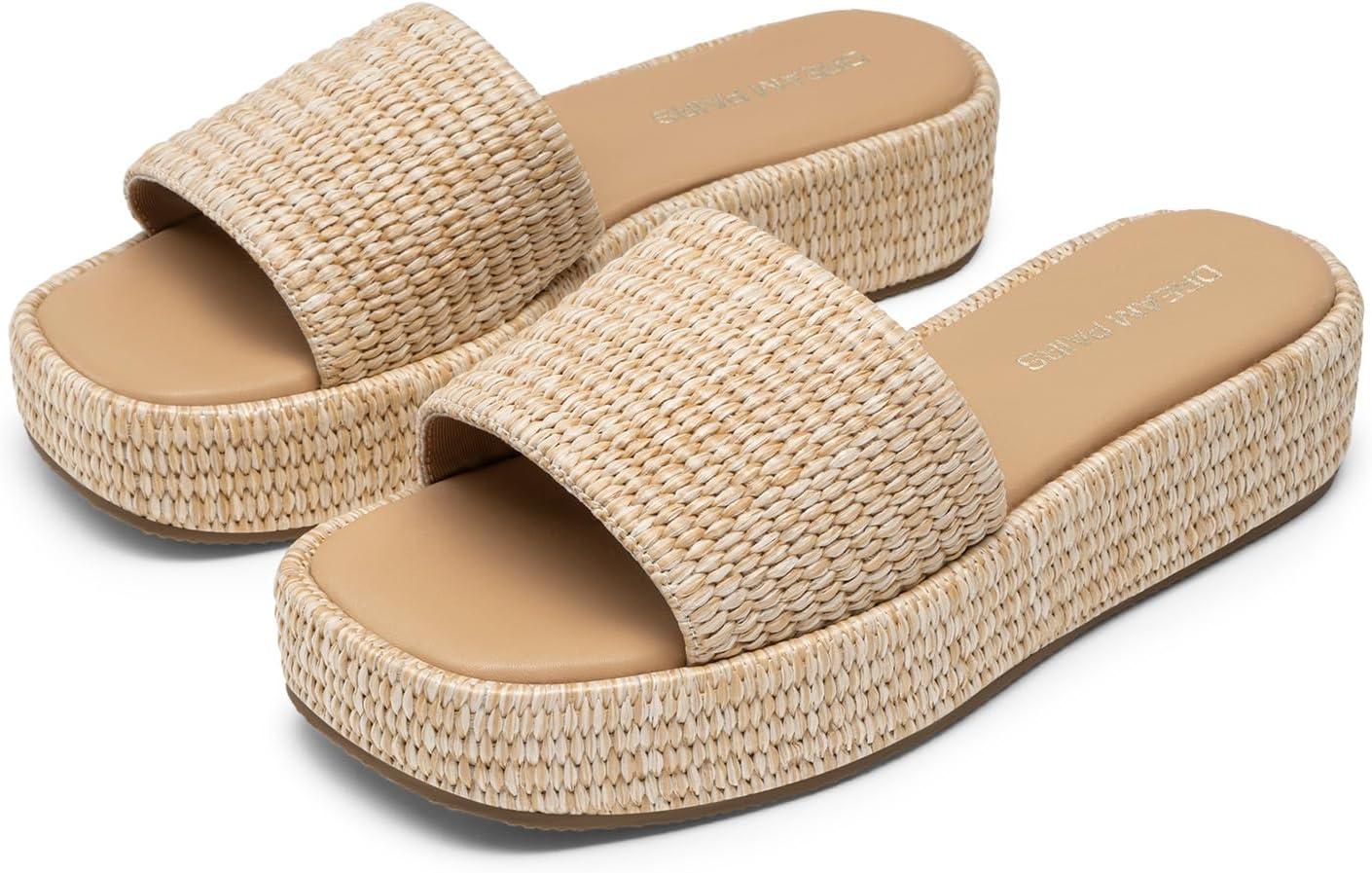 imageDREAM PAIRS Women Platform Slides Sandals Espadrilles Slip On Low Wedge Summer Open Toe Bohemia Dressy Beach Vacation ShoesNatural