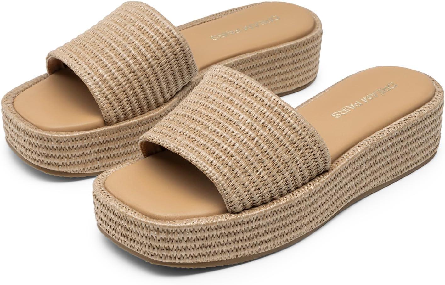 imageDREAM PAIRS Women Platform Slides Sandals Espadrilles Slip On Low Wedge Summer Open Toe Bohemia Dressy Beach Vacation ShoesTaupe